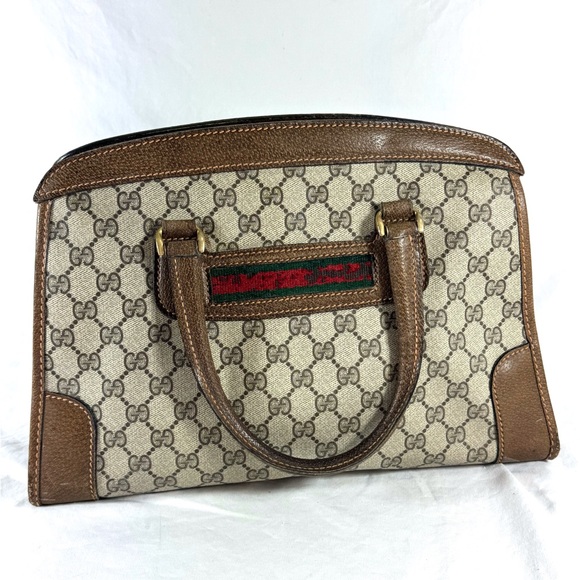 80's GUCCI Canvas Brown Leather GG Web Ophidia Boston Doctor Bag Made in Italy - Picture 15 of 17